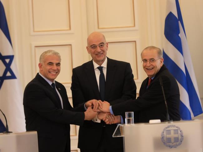 Речь Яира Лапида на встрече с министрами иностранных дел Греции и Кипра