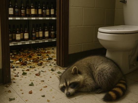 Енот проник в алкомаркет, побил бутылки и уснул пьяным